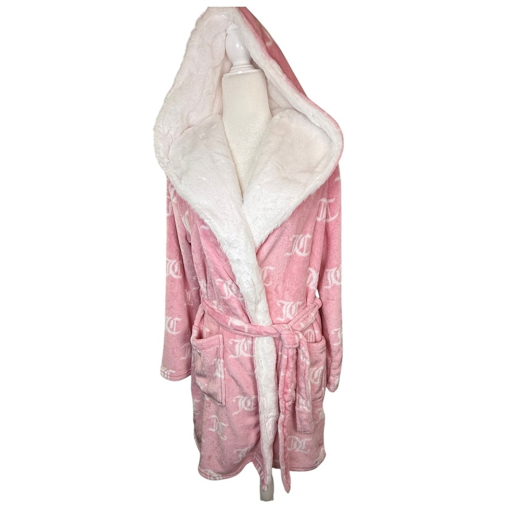 Juicy Couture Pink JC Logo Plush Hooded Robe S/M White Faux Fur Trim NWT